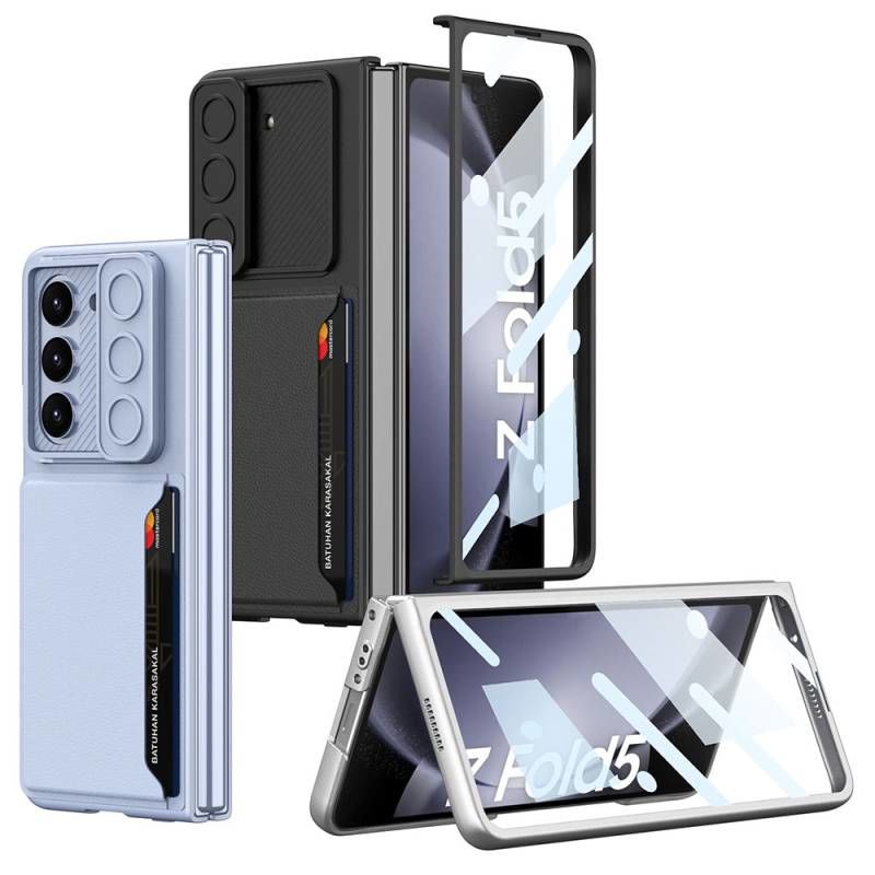 Galaxy Z Fold 5 Suni Deri Arka Yüzey Sürgülü Kamera Korumalı Patinda Kartlıklı Kıpta Silikon Kapak