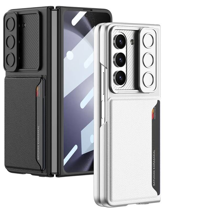 Galaxy Z Fold 5 Suni Deri Arka Yüzey Sürgülü Kamera Korumalı Patinda Kartlıklı Kıpta Silikon Kapak