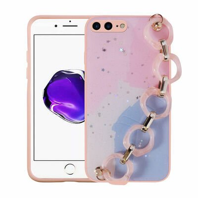Apple iPhone 8 Plus Kılıf Simli Desenli El Askılı Tutacaklı Patinda Elsa Silikon Kapak