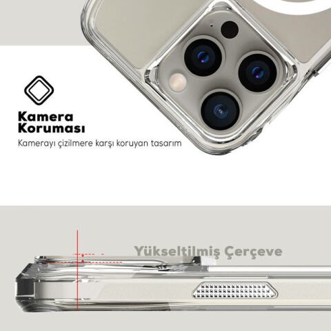 Apple iPhone 15 Pro Max Kılıf Magsafe Şarj Özellikli Airbagli Şeffaf Patinda İncek Kapak