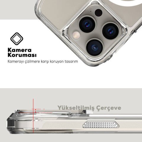 Apple iPhone 15 Pro Kılıf Magsafe Şarj Özellikli Airbagli Şeffaf Patinda İncek Kapak