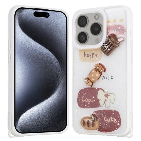 Apple iPhone 15 Pro Kılıf Parlayan Simli Kabartma Figürlü Patinda Cevze Kapak