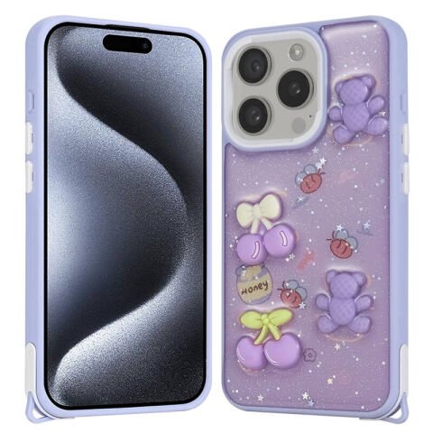 Apple iPhone 15 Pro Kılıf Parlayan Simli Kabartma Figürlü Patinda Cevze Kapak