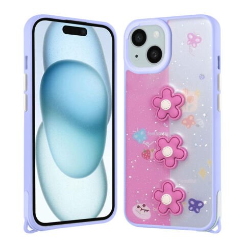 Apple iPhone 15 Kılıf Parlayan Simli Kabartma Figürlü Patinda Cevze Kapak