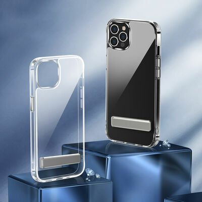 Apple iPhone 13 Pro Kılıf Standlı Şeffaf Silikon Patinda L-Stand Kapak