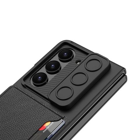 Galaxy Z Fold 5 Suni Deri Arka Yüzey Sürgülü Kamera Korumalı Patinda Kartlıklı Kıpta Silikon Kapak