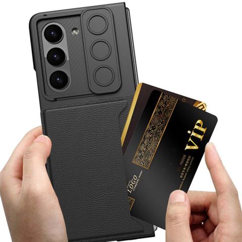 Galaxy Z Fold 5 Suni Deri Arka Yüzey Sürgülü Kamera Korumalı Patinda Kartlıklı Kıpta Silikon Kapak