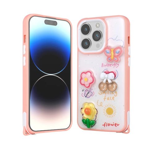 Apple iPhone 14 Pro Kılıf Parlayan Simli Kabartma Figürlü Patinda Cevze Kapak