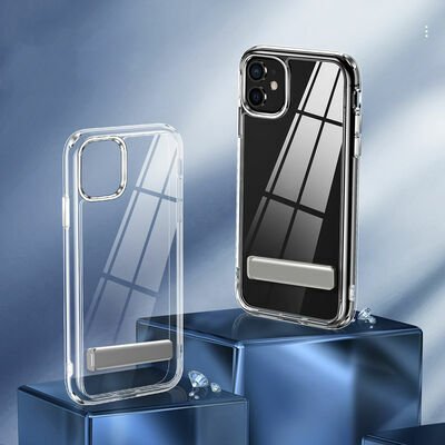 Apple iPhone 12 Kılıf Standlı Şeffaf Silikon Patinda L-Stand Kapak