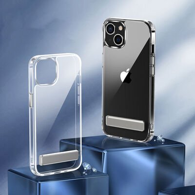 Apple iPhone 13 Kılıf Standlı Şeffaf Silikon Patinda L-Stand Kapak