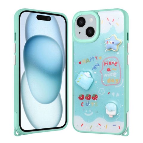 Apple iPhone 14 Kılıf Parlayan Simli Kabartma Figürlü Patinda Cevze Kapak