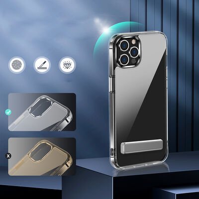 Apple iPhone 12 Pro Kılıf Standlı Şeffaf Silikon Patinda L-Stand Kapak