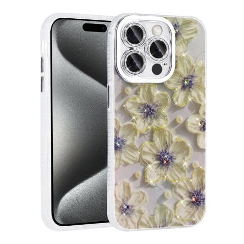Apple iPhone  Çiçek Desenli Parlak Taşlı Sert Silikon  Garden Kılıf