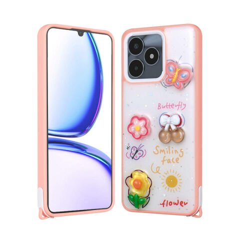 Realme C53 Kılıf Parlayan Simli Kabartma Figürlü Patinda Cevze Kapak
