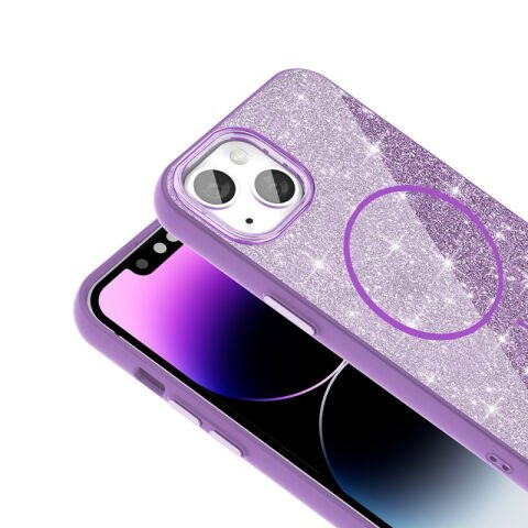 Apple iPhone 14 Kılıf Magsafe Şarj Özellikli Parlayan Simli Patinda Okso Kapak