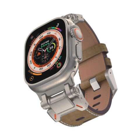 Apple Watch 7 45mm Patinda KRD-114 Metal Başlıklı Suni Deri Kordon