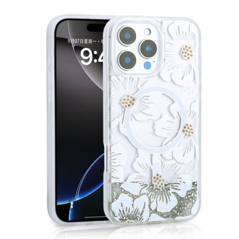 Apple iPhone 16 Pro Kılıf Sıvılı Simli Baskılı Şeffaf Arka Yüzey Patinda Mossa Silikon Kapak