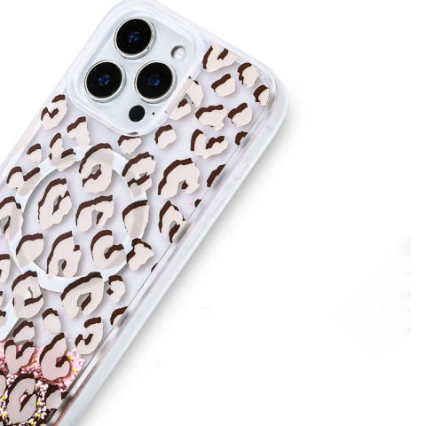 Apple iPhone 16 Pro Kılıf Sıvılı Simli Baskılı Şeffaf Arka Yüzey Patinda Mossa Silikon Kapak