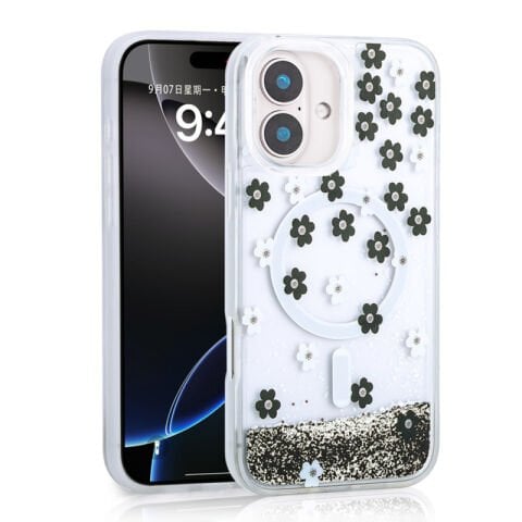 Apple iPhone 16 Kılıf Sıvılı Simli Baskılı Şeffaf Arka Yüzey Patinda Mossa Silikon Kapak