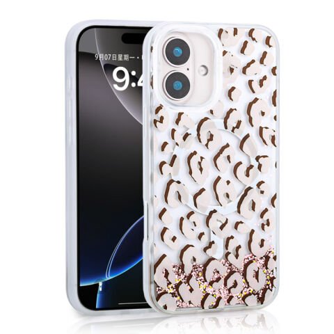 Apple iPhone 16 Kılıf Sıvılı Simli Baskılı Şeffaf Arka Yüzey Patinda Mossa Silikon Kapak