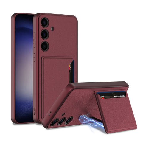 Galaxy S24 Suni Deri Arka Yüzey Sürgülü Kamera Korumalı  Kartlıklı Kıpta Kılıf