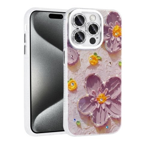 Apple iPhone 15 Pro Max Kılıf Çiçek Desenli Parlak Taşlı Sert Silikon Patinda Garden Kapak