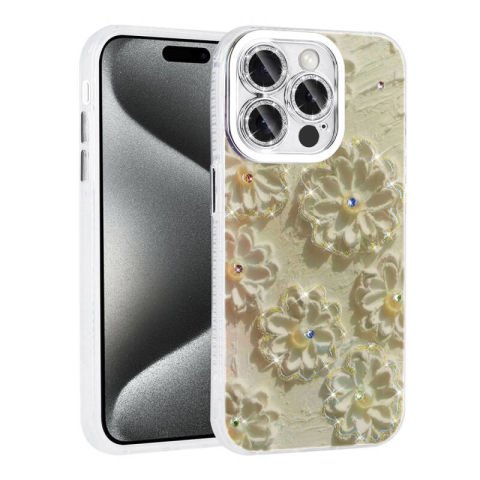 Apple iPhone 15 Pro Max Kılıf Çiçek Desenli Parlak Taşlı Sert Silikon Patinda Garden Kapak