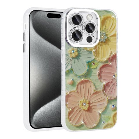 Apple iPhone 15 Pro Max Kılıf Çiçek Desenli Parlak Taşlı Sert Silikon Patinda Garden Kapak
