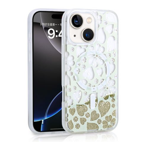 Apple iPhone 15 Kılıf Sıvılı Simli Baskılı Şeffaf Arka Yüzey Patinda Mossa Silikon Kapak