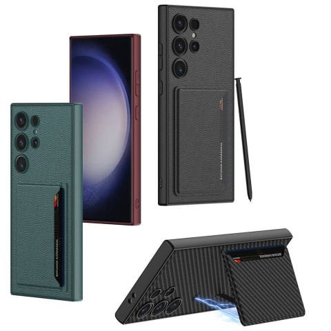 Galaxy S24 Ultra Suni Deri Arka Yüzey Sürgülü Kamera Korumalı Kartlıklı Kıpta Kılıf