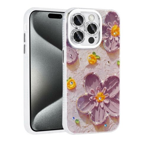 Apple iPhone 15 Pro Kılıf Çiçek Desenli Parlak Taşlı Sert Silikon Patinda Garden Kapak