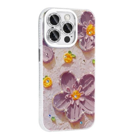 Apple iPhone 15 Pro Kılıf Çiçek Desenli Parlak Taşlı Sert Silikon Patinda Garden Kapak