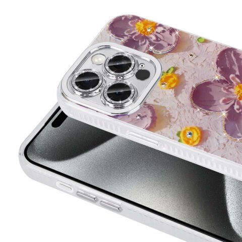 Apple iPhone 15 Pro Kılıf Çiçek Desenli Parlak Taşlı Sert Silikon Patinda Garden Kapak