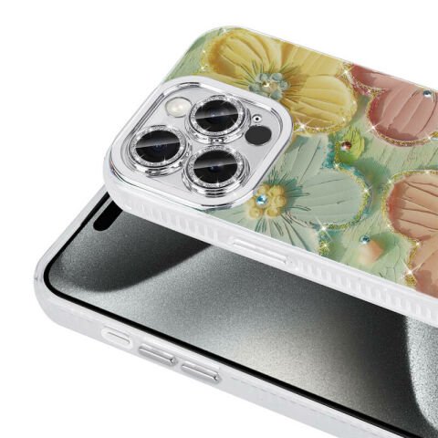 Apple iPhone 15 Pro Kılıf Çiçek Desenli Parlak Taşlı Sert Silikon Patinda Garden Kapak
