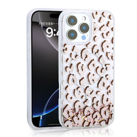 Apple iPhone 14 Pro Max Kılıf Sıvılı Simli Baskılı Şeffaf Arka Yüzey Patinda Mossa Silikon Kapak