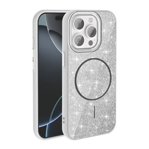 Apple iPhone 15 Pro Kılıf Magsafe Şarj Özellikli Parlayan Simli Patinda Okso Kapak