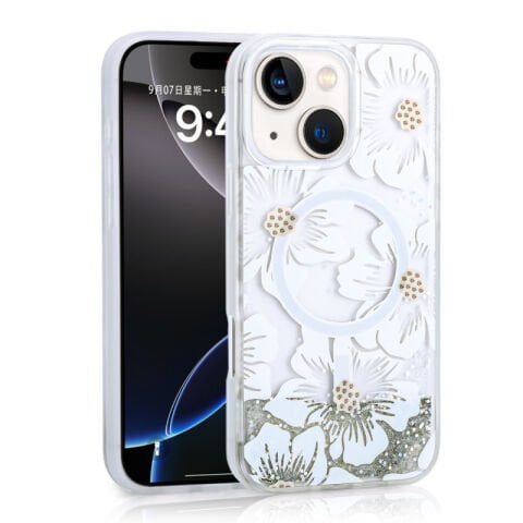 Apple iPhone 14 Kılıf Sıvılı Simli Baskılı Şeffaf Arka Yüzey Patinda Mossa Silikon Kapak