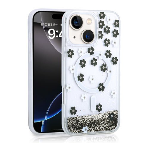 Apple iPhone 14 Kılıf Sıvılı Simli Baskılı Şeffaf Arka Yüzey Patinda Mossa Silikon Kapak