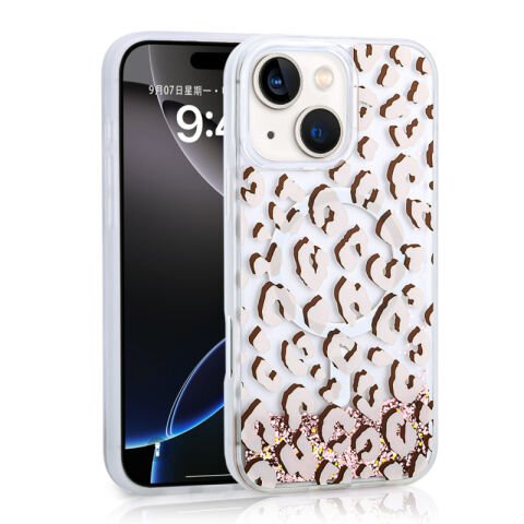 Apple iPhone 14 Kılıf Sıvılı Simli Baskılı Şeffaf Arka Yüzey Patinda Mossa Silikon Kapak