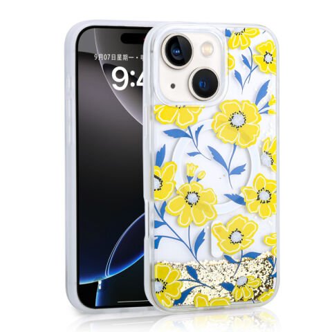 Apple iPhone 14 Kılıf Sıvılı Simli Baskılı Şeffaf Arka Yüzey Patinda Mossa Silikon Kapak