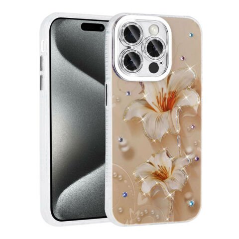 Apple iPhone 14 Pro Max Kılıf Çiçek Desenli Parlak Taşlı Sert Silikon Patinda Garden Kapak