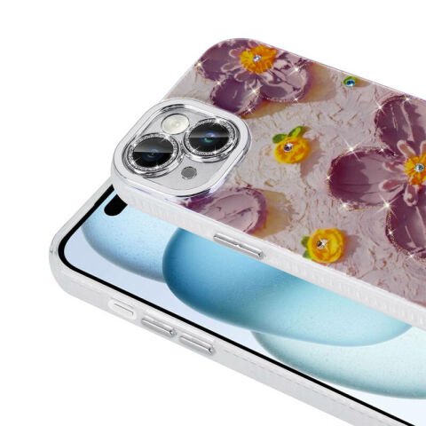 Apple iPhone 14 Kılıf Çiçek Desenli Parlak Taşlı Sert Silikon Patinda Garden Kapak