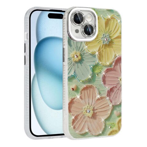 Apple iPhone 14 Kılıf Çiçek Desenli Parlak Taşlı Sert Silikon Patinda Garden Kapak