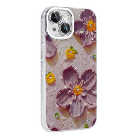 Apple iPhone 14 Kılıf Çiçek Desenli Parlak Taşlı Sert Silikon Patinda Garden Kapak