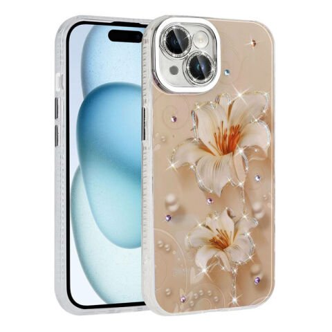 Apple iPhone 14 Kılıf Çiçek Desenli Parlak Taşlı Sert Silikon Patinda Garden Kapak