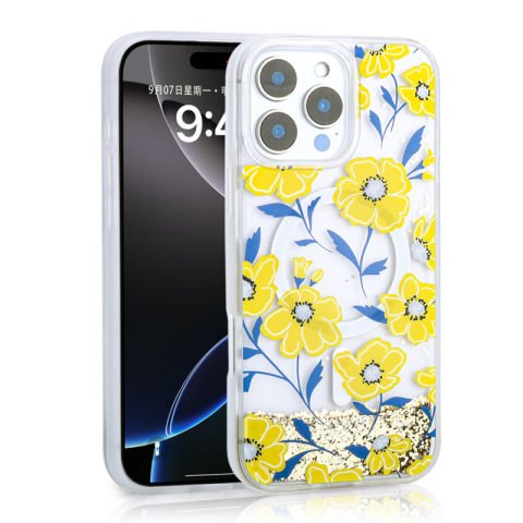 Apple iPhone 12 Pro Kılıf Sıvılı Simli Baskılı Şeffaf Arka Yüzey Patinda Mossa Silikon Kapak