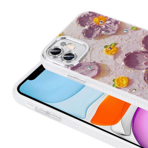 Apple iPhone 11 Kılıf Çiçek Desenli Parlak Taşlı Sert Silikon Patinda Garden Kapak