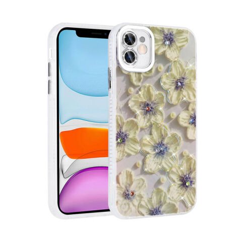 Apple iPhone 11 Kılıf Çiçek Desenli Parlak Taşlı Sert Silikon Patinda Garden Kapak
