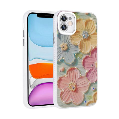 Apple iPhone 11 Kılıf Çiçek Desenli Parlak Taşlı Sert Silikon Patinda Garden Kapak