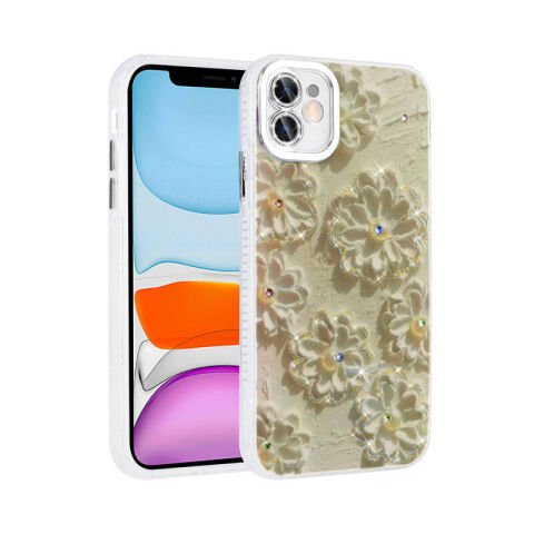 Apple iPhone 11 Kılıf Çiçek Desenli Parlak Taşlı Sert Silikon Patinda Garden Kapak